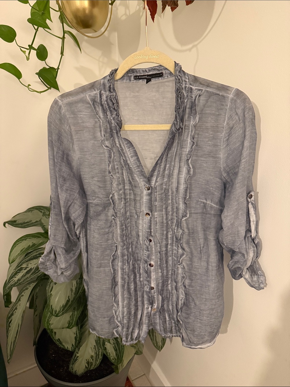 Cotton and Silk Blend Made in Italy Ruffled Button-Front Top Sheer Light Blue